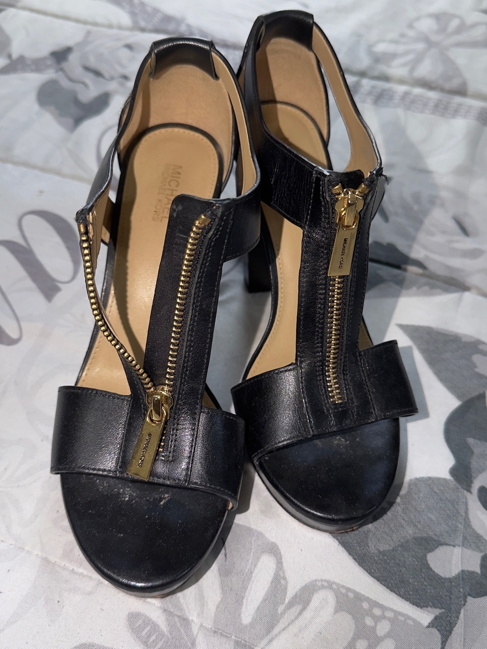 Michael Kors Black Leather Gold-Zip Block Heel Sandals